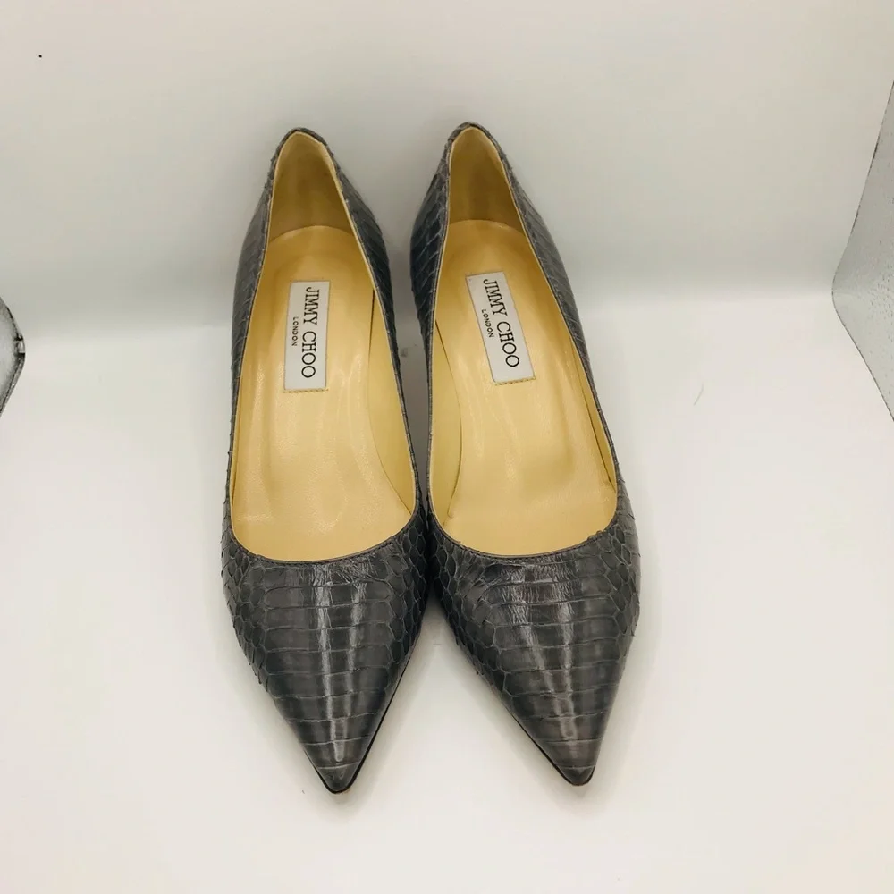 Jimmy Choo Gray Pointed-Toe Kitten Heel Pumps - Picture 7 of 12